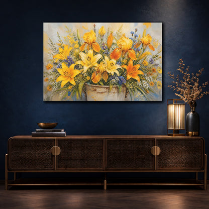 Mockup 4. Modern Acrylic Painting Yellow And Orange Lilies Irises In Rustic Crock shown as stretched canvas wall art