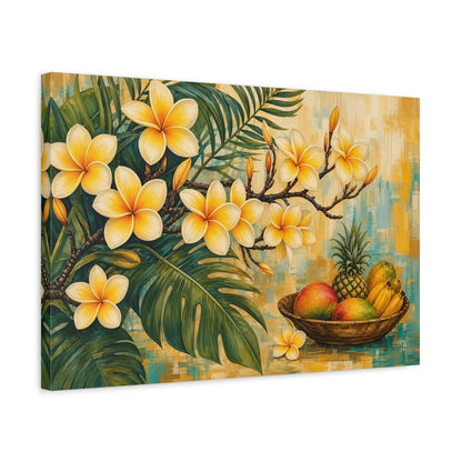 Side Mockup 3. Modern Acrylic Painting Yellow Plumeria With Fruit Bowl Near Tropical Leaves shown as stretched canvas wall art