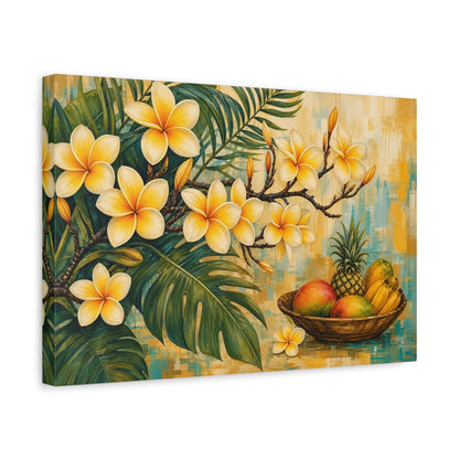 Side Mockup 4. Modern Acrylic Painting Yellow Plumeria With Fruit Bowl Near Tropical Leaves shown as stretched canvas wall art
