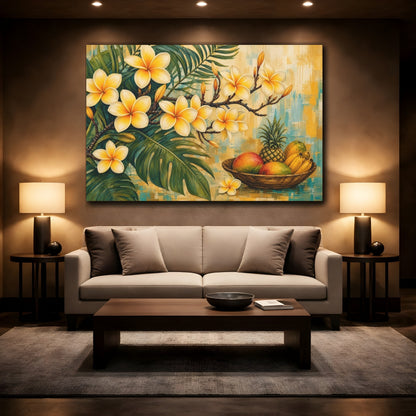 Mockup 2. Modern Acrylic Painting Yellow Plumeria With Fruit Bowl Near Tropical Leaves shown as stretched canvas wall art