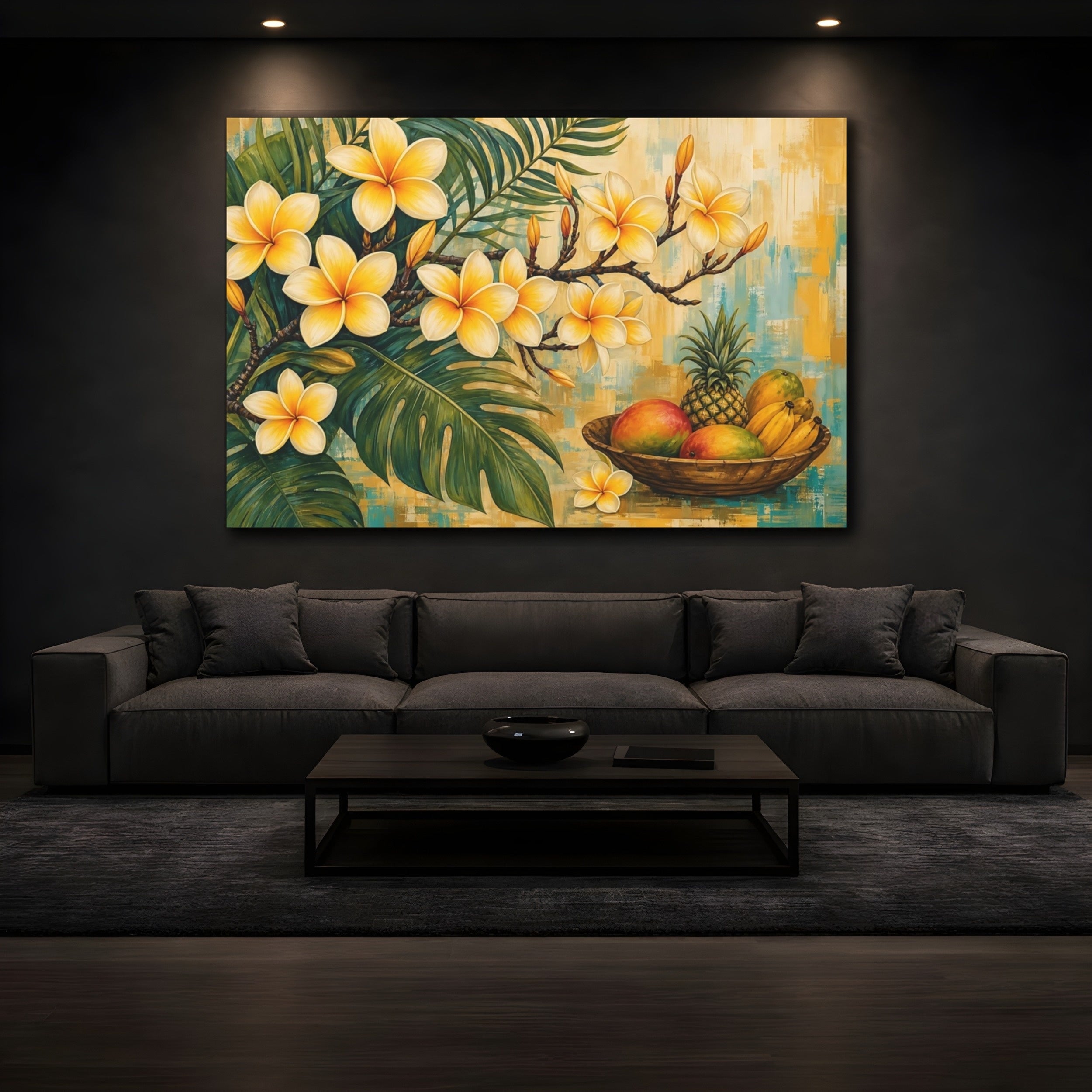 Mockup 3. Modern Acrylic Painting Yellow Plumeria With Fruit Bowl Near Tropical Leaves shown as stretched canvas wall art