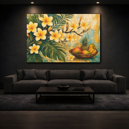 Mockup 3. Modern Acrylic Painting Yellow Plumeria With Fruit Bowl Near Tropical Leaves shown as stretched canvas wall art