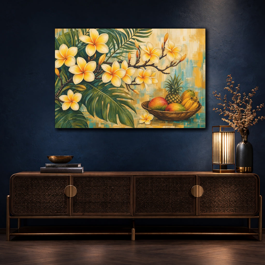 Mockup 4. Modern Acrylic Painting Yellow Plumeria With Fruit Bowl Near Tropical Leaves shown as stretched canvas wall art
