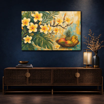 Mockup 4. Modern Acrylic Painting Yellow Plumeria With Fruit Bowl Near Tropical Leaves shown as stretched canvas wall art