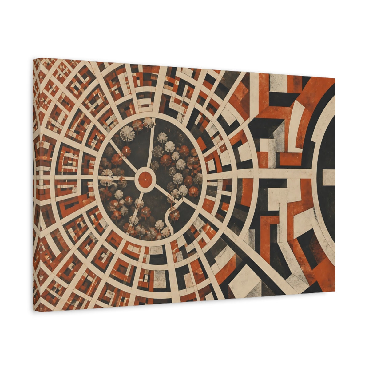 Side Mockup 3. Modern Circular City Grid shown as canvas print