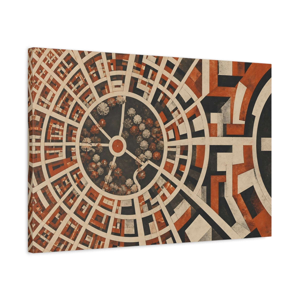 Side Mockup 2. Modern Circular City Grid shown as canvas print