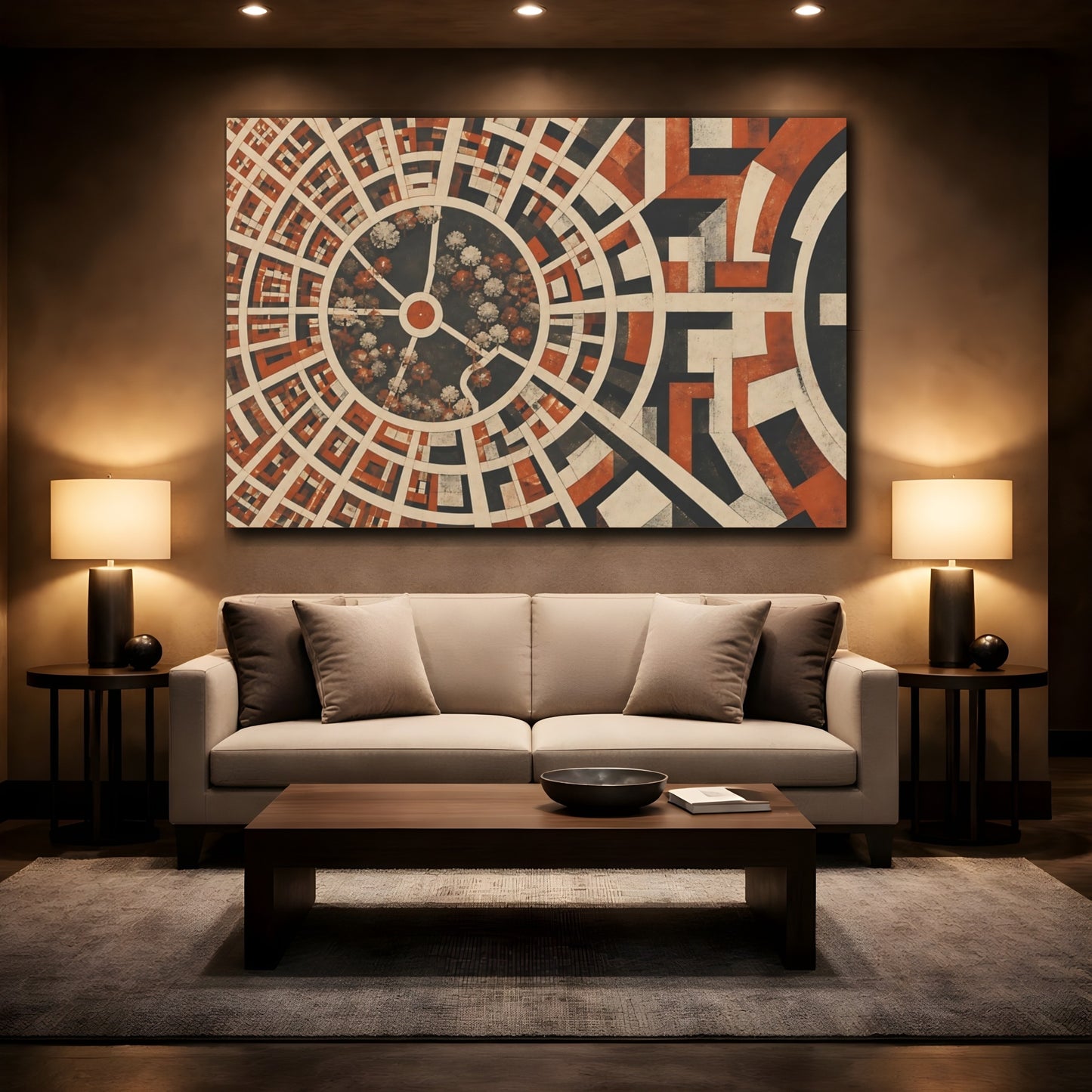 Mockup 2. Modern Circular City Grid shown as canvas print