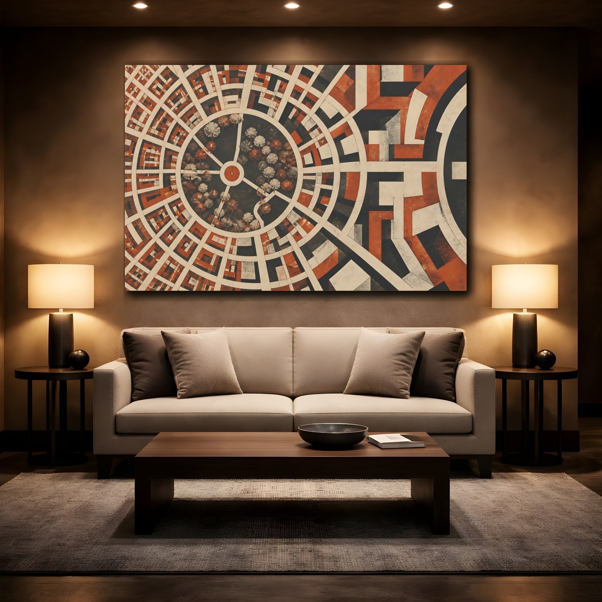 Mockup 2. Modern Circular City Grid shown as canvas print