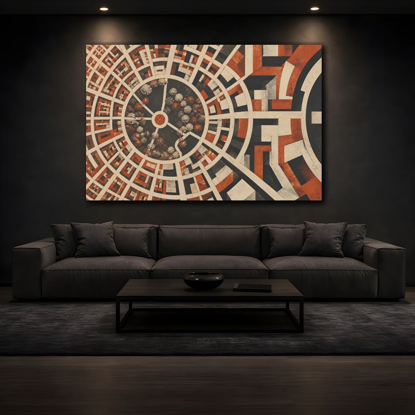 Mockup 3. Modern Circular City Grid shown as canvas print