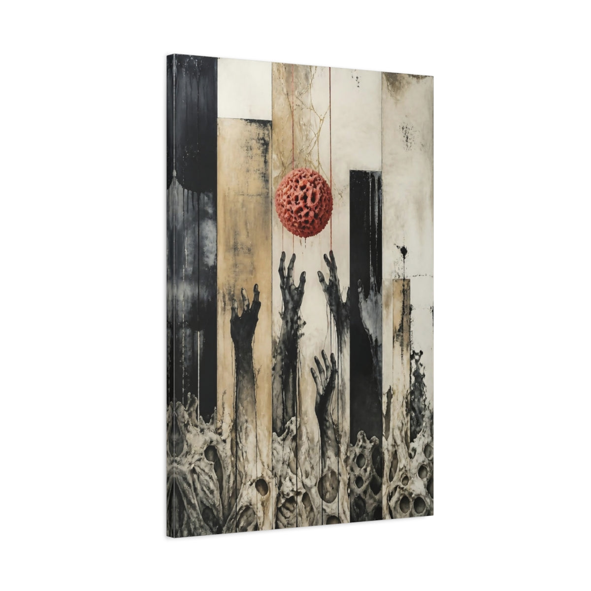 Main Mockup. Modern Hands Reaching Orb shown as canvas print