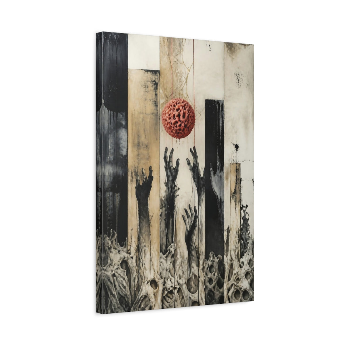 Side Mockup 3. Modern Hands Reaching Orb shown as canvas print
