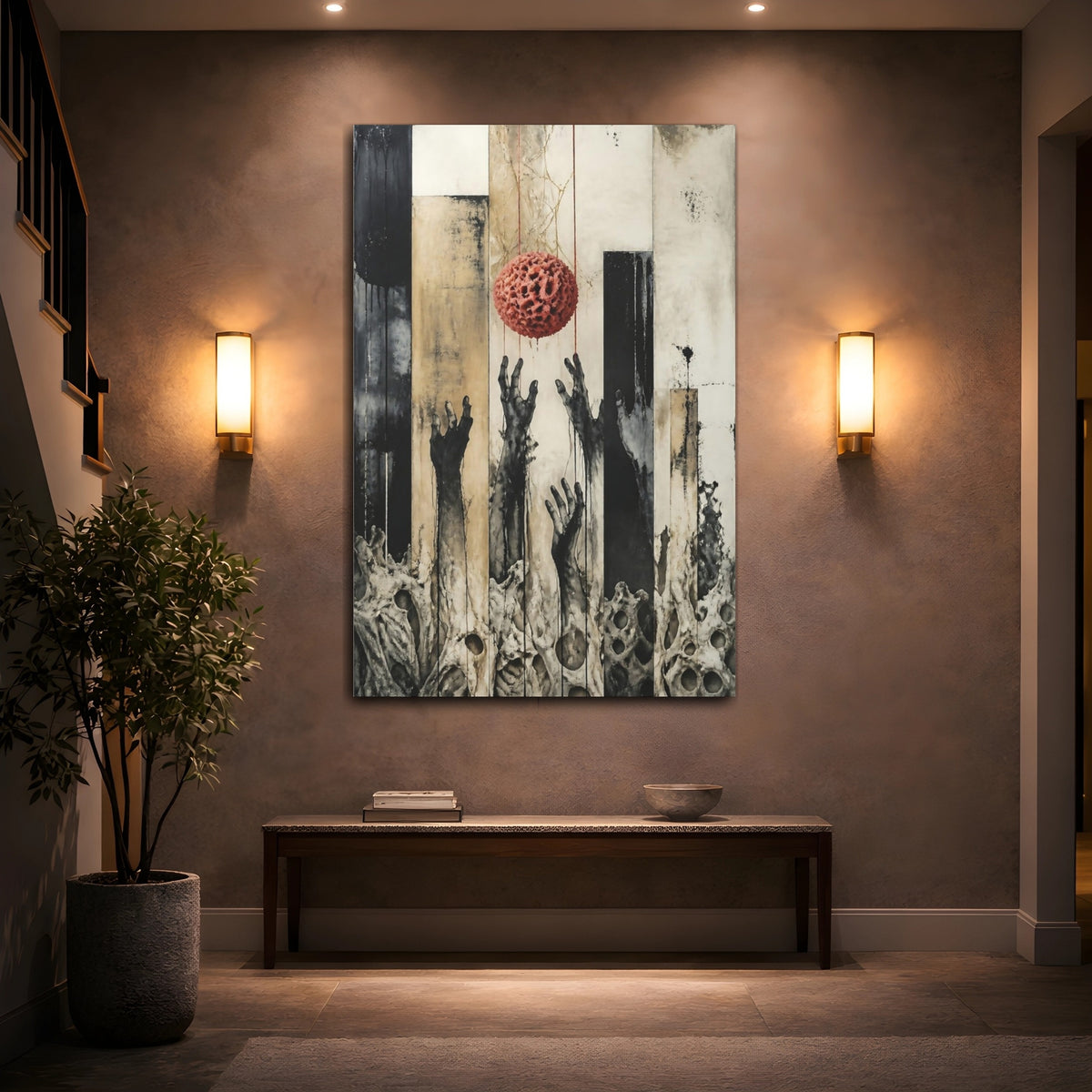 Mockup 2. Modern Hands Reaching Orb shown as canvas print