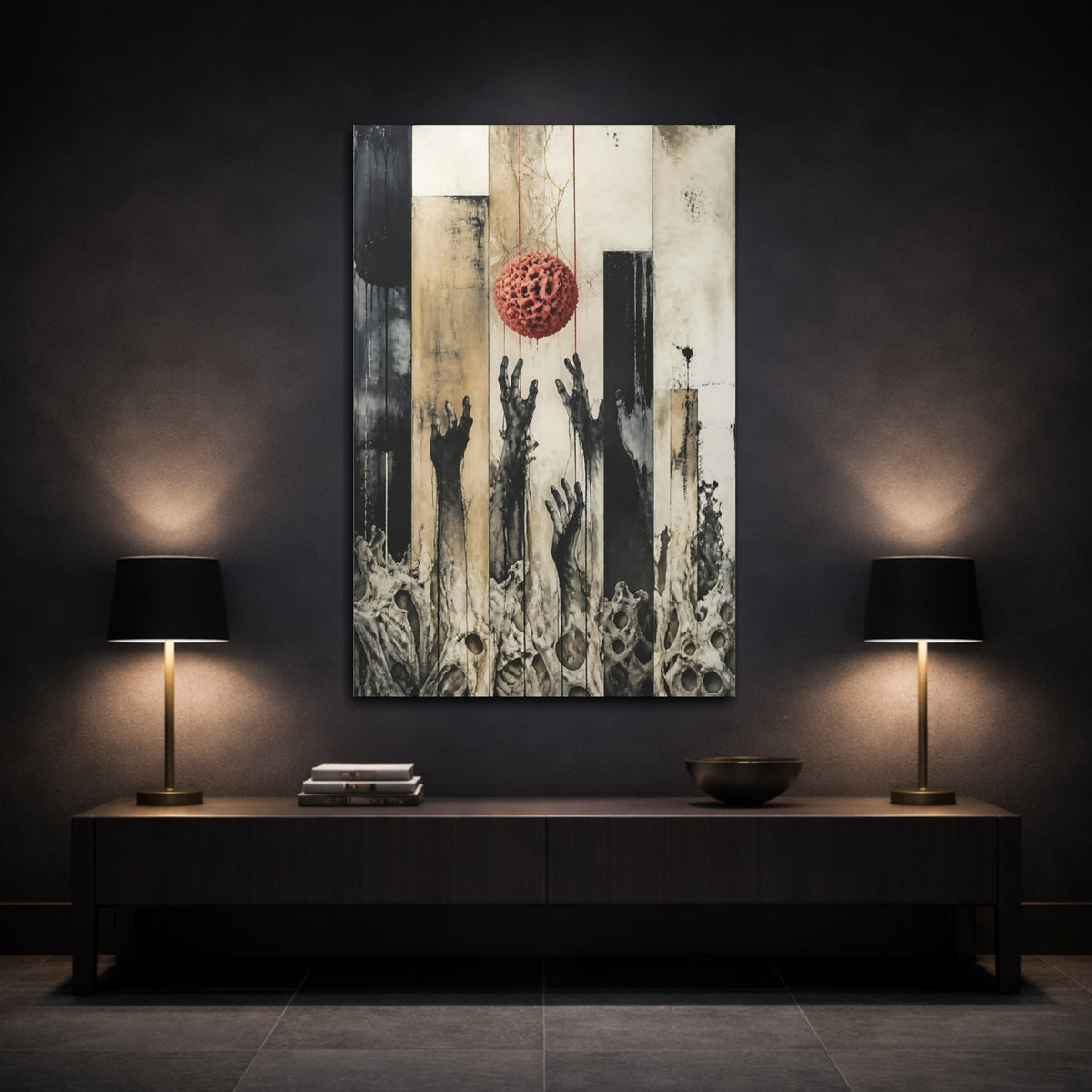 Mockup 3. Modern Hands Reaching Orb shown as canvas print