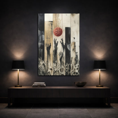Mockup 3. Modern Hands Reaching Orb shown as canvas print