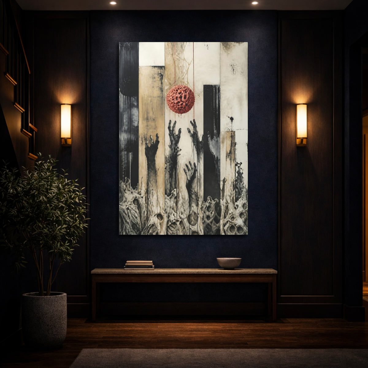 Mockup 4. Modern Hands Reaching Orb shown as canvas print