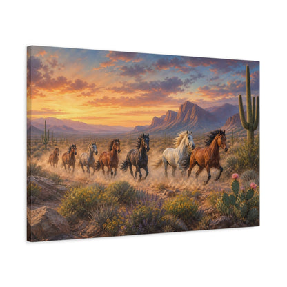Side Mockup 2. Modern Landscape Painting Wild Mustangs Crossing Desert Garden Through Clear Dawn shown as stretched canvas wall art