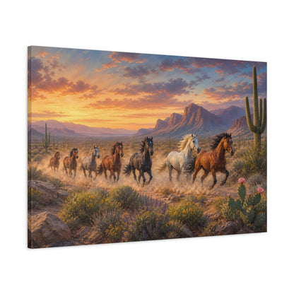Main Mockup. Modern Landscape Painting Wild Mustangs Crossing Desert Garden Through Clear Dawn shown as stretched canvas wall art