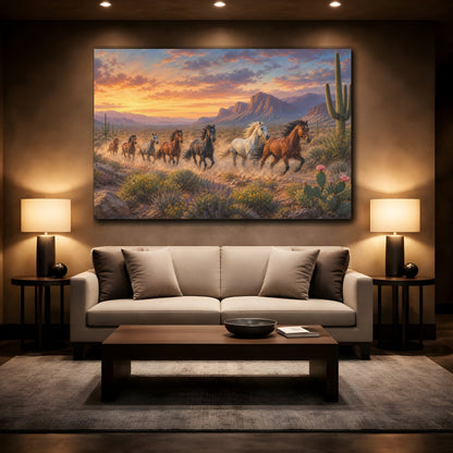 Mockup 2. Modern Landscape Painting Wild Mustangs Crossing Desert Garden Through Clear Dawn shown as stretched canvas wall art