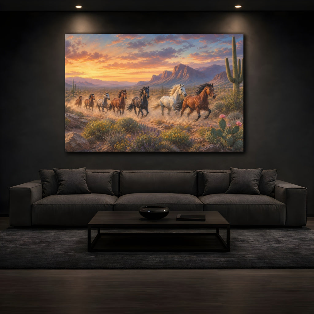 Mockup 3. Modern Landscape Painting Wild Mustangs Crossing Desert Garden Through Clear Dawn shown as stretched canvas wall art
