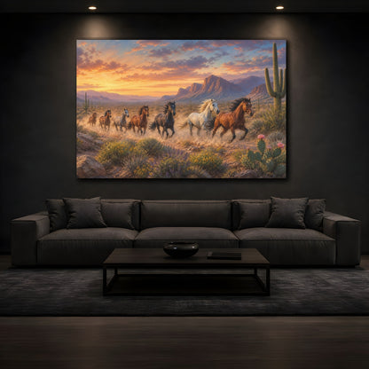 Mockup 3. Modern Landscape Painting Wild Mustangs Crossing Desert Garden Through Clear Dawn shown as stretched canvas wall art