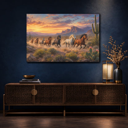 Mockup 4. Modern Landscape Painting Wild Mustangs Crossing Desert Garden Through Clear Dawn shown as stretched canvas wall art