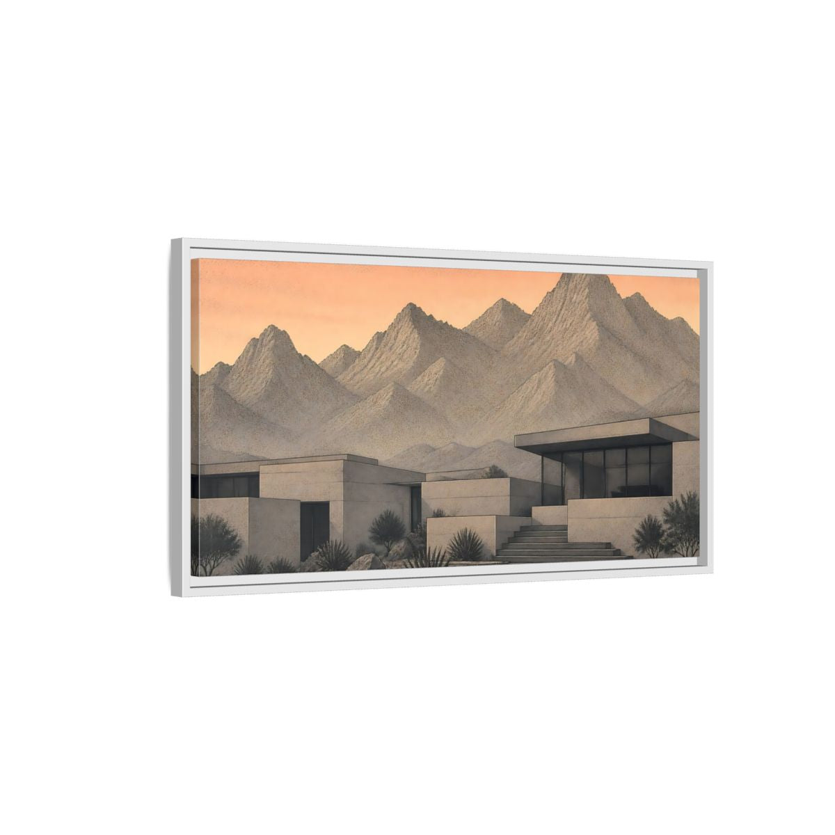 Side Mockup 1. Modern Mountain Retreat shown as framed canvas print