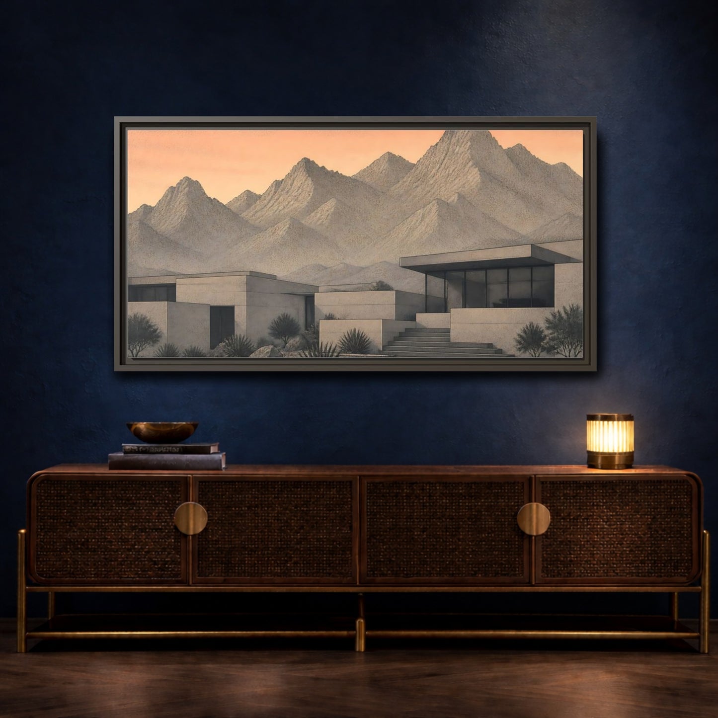 Mockup 4. Modern Mountain Retreat shown as framed canvas print