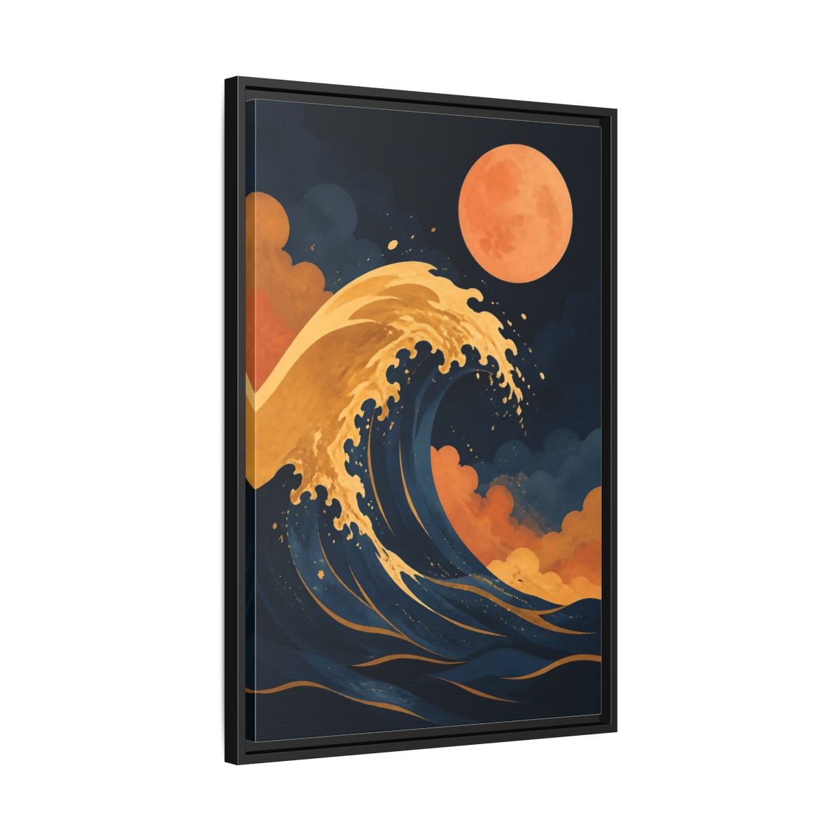 Side Mockup 14. Modern Ochre Wave shown as framed canvas print