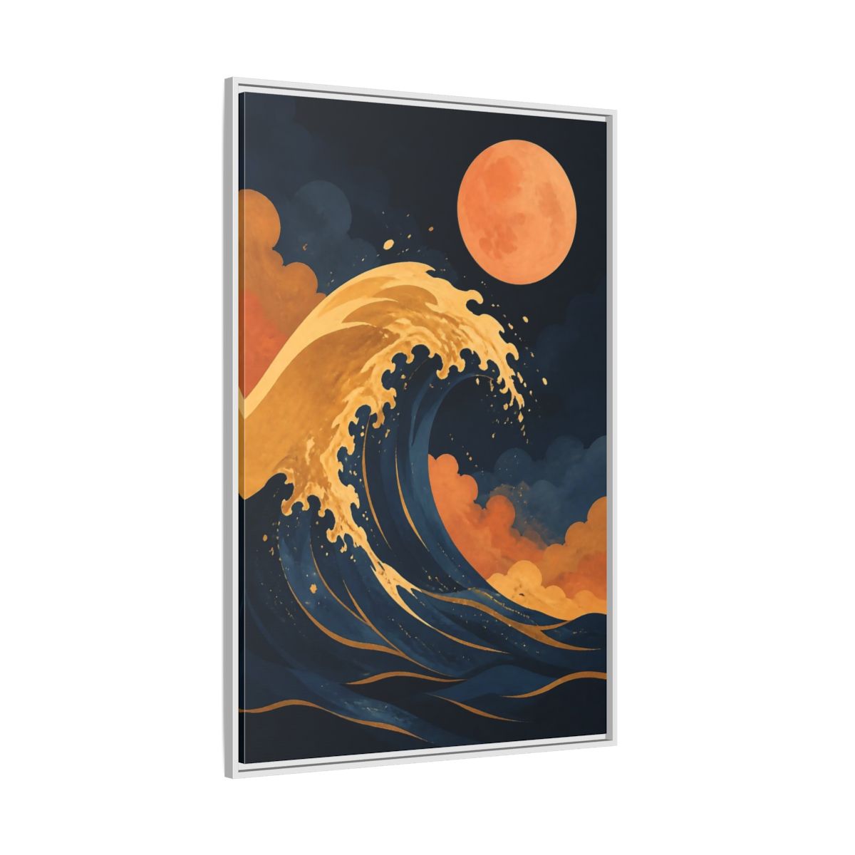 Side Mockup 7. Modern Ochre Wave shown as framed canvas print