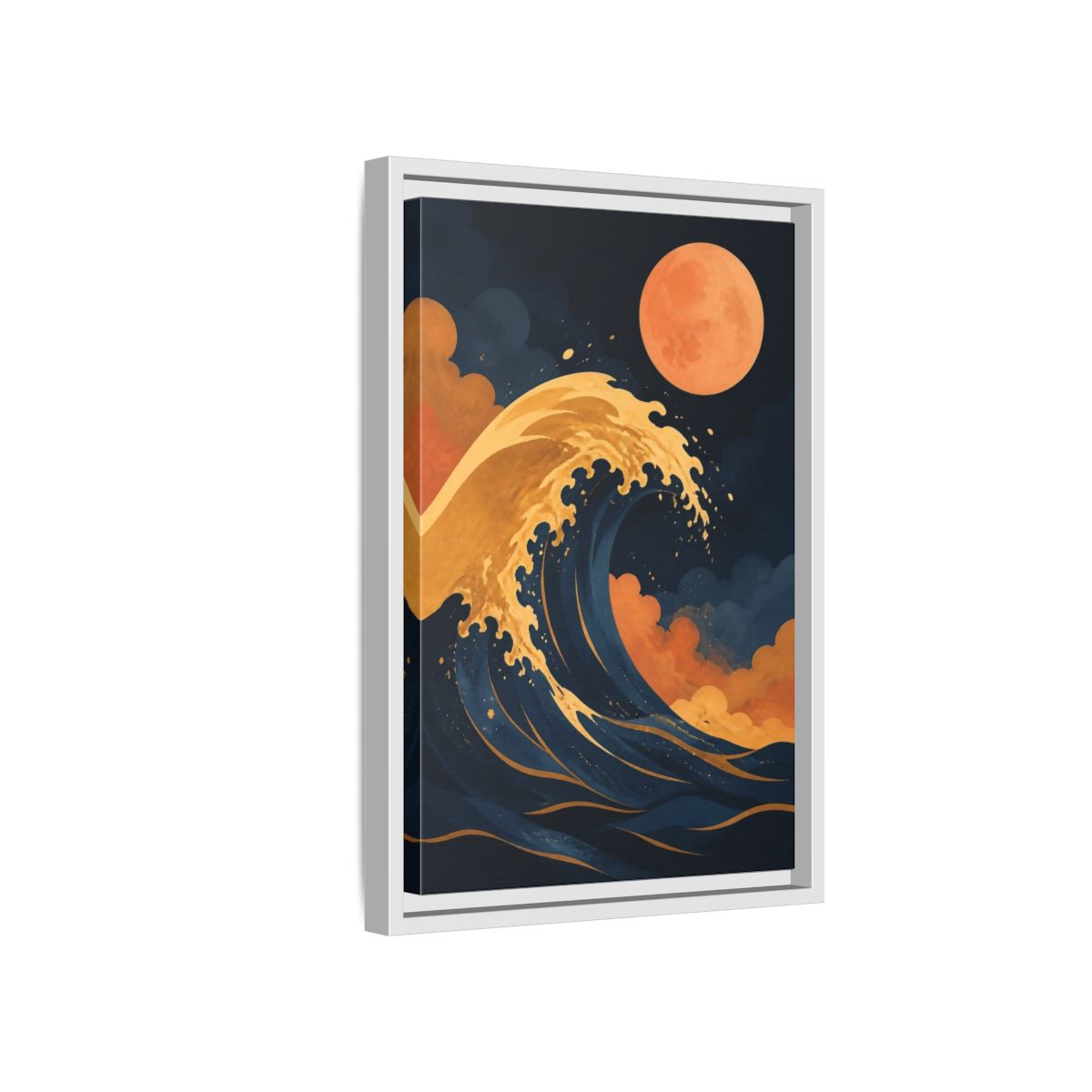 Side Mockup 4. Modern Ochre Wave shown as framed canvas print