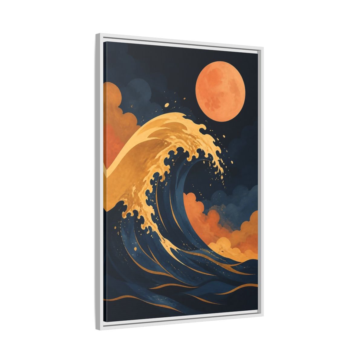 Side Mockup 9. Modern Ochre Wave shown as framed canvas print
