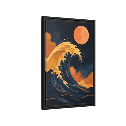 Side Mockup 3. Modern Ochre Wave shown as framed canvas print