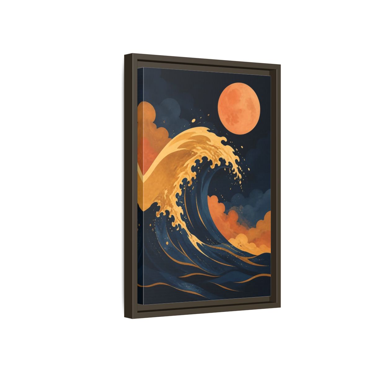 Side Mockup 5. Modern Ochre Wave shown as framed canvas print