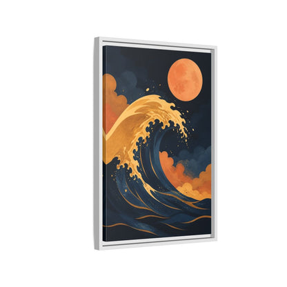 Side Mockup 1. Modern Ochre Wave shown as framed canvas print