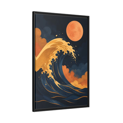 Side Mockup 13. Modern Ochre Wave shown as framed canvas print