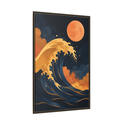 Side Mockup 8. Modern Ochre Wave shown as framed canvas print