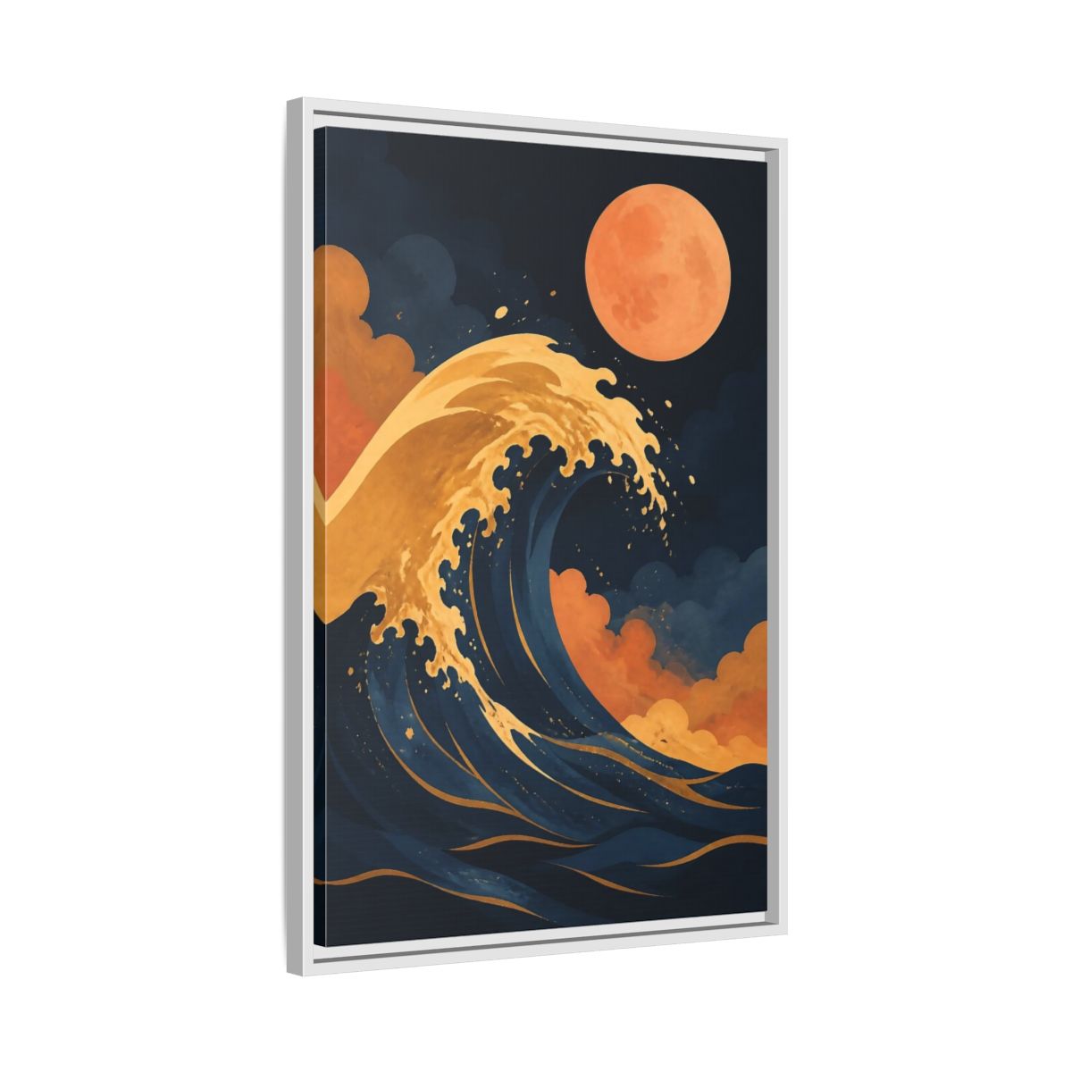 Side Mockup 10. Modern Ochre Wave shown as framed canvas print