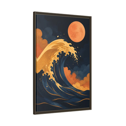Main Mockup. Modern Ochre Wave shown as framed canvas print