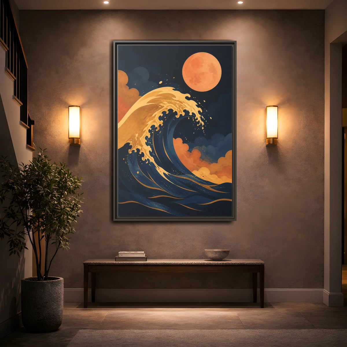 Mockup 2. Modern Ochre Wave shown as framed canvas print