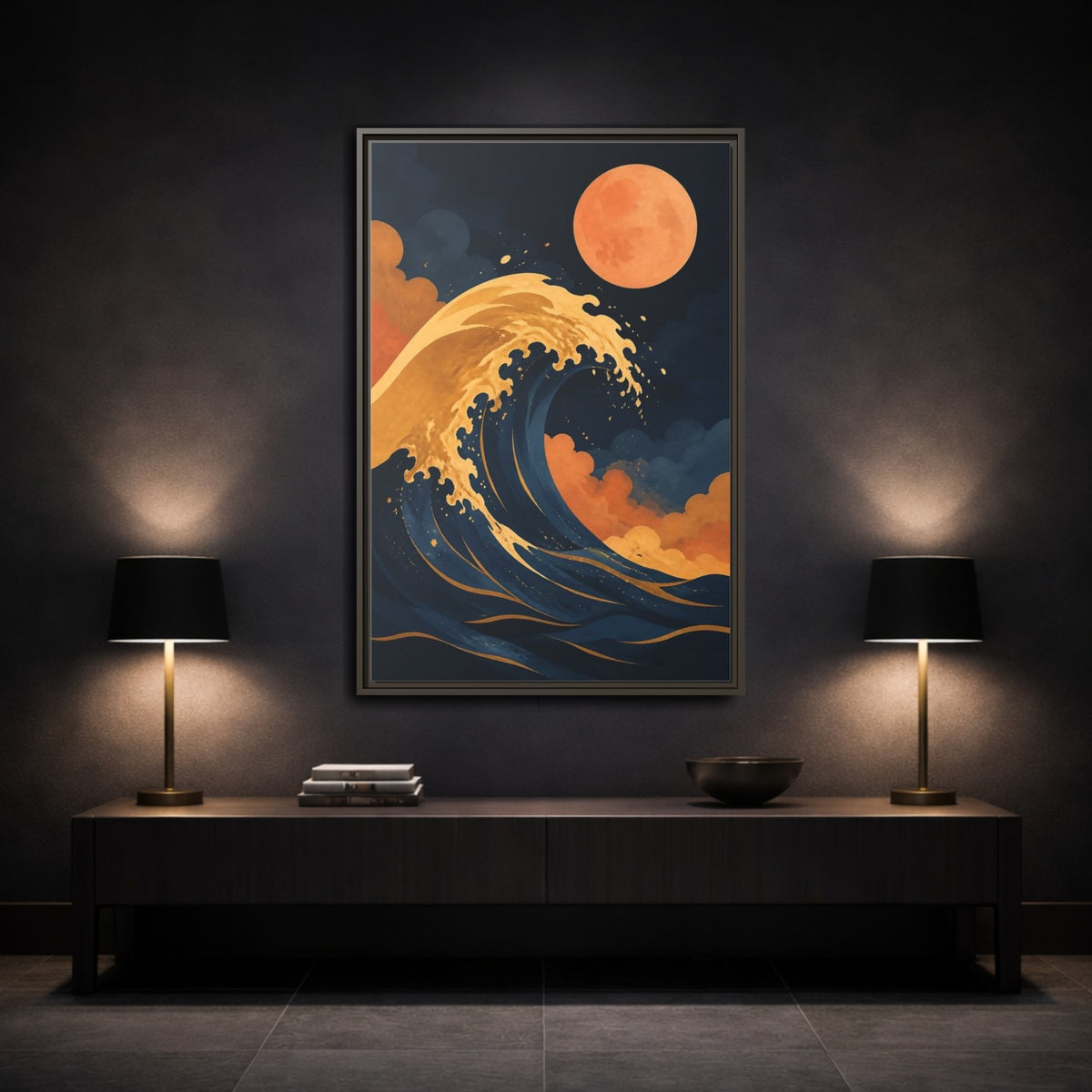 Mockup 3. Modern Ochre Wave shown as framed canvas print