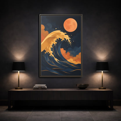 Mockup 3. Modern Ochre Wave shown as framed canvas print