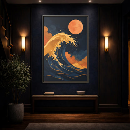 Mockup 4. Modern Ochre Wave shown as framed canvas print