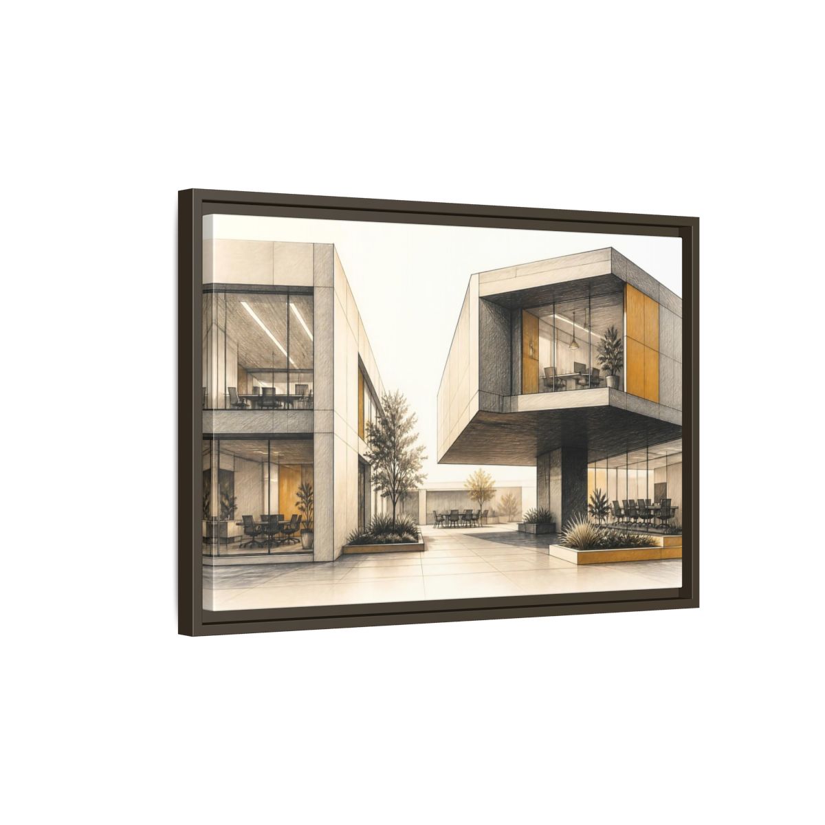 Side Mockup 2. Modern Office Cantilever Atrium shown as framed canvas print