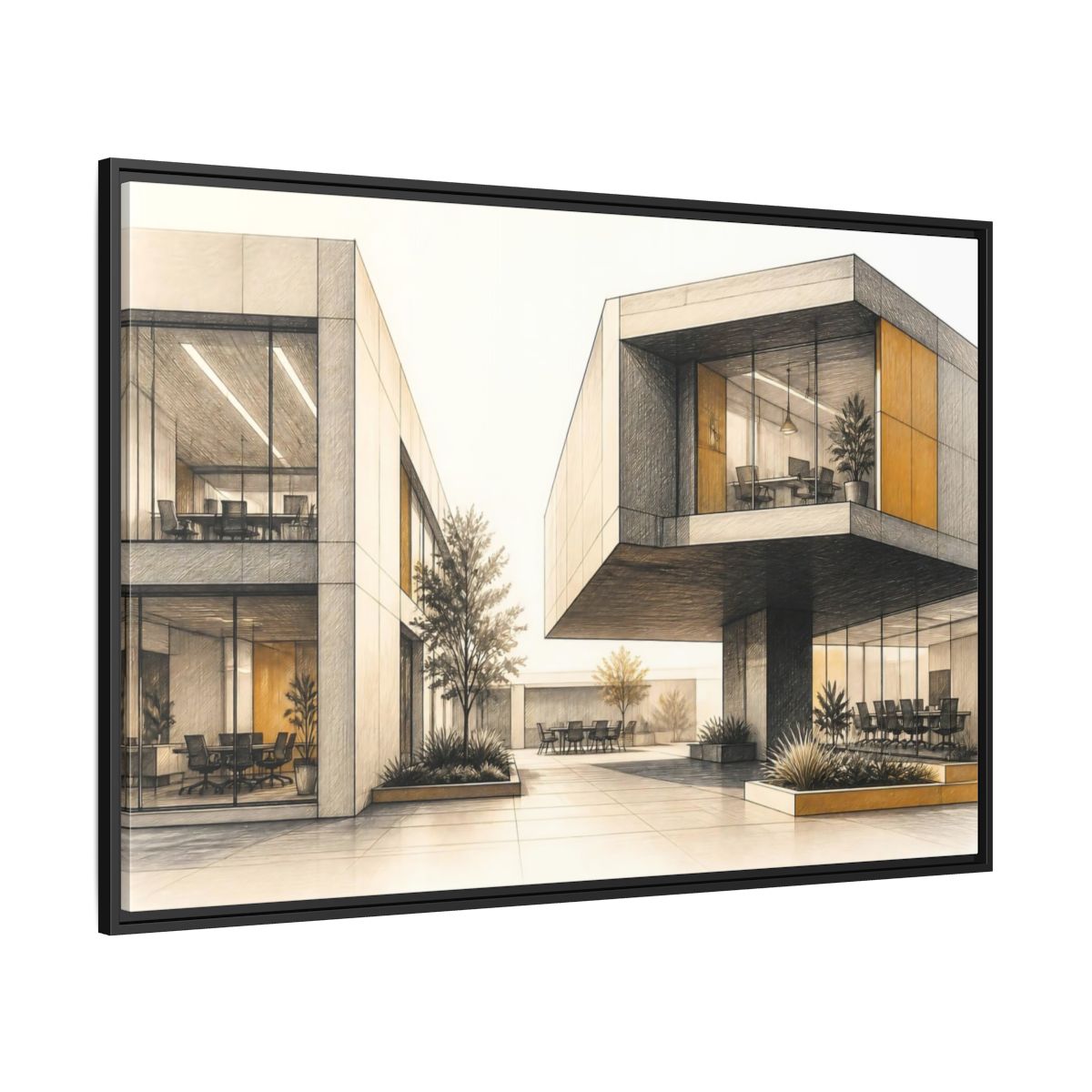 Side Mockup 12. Modern Office Cantilever Atrium shown as framed canvas print