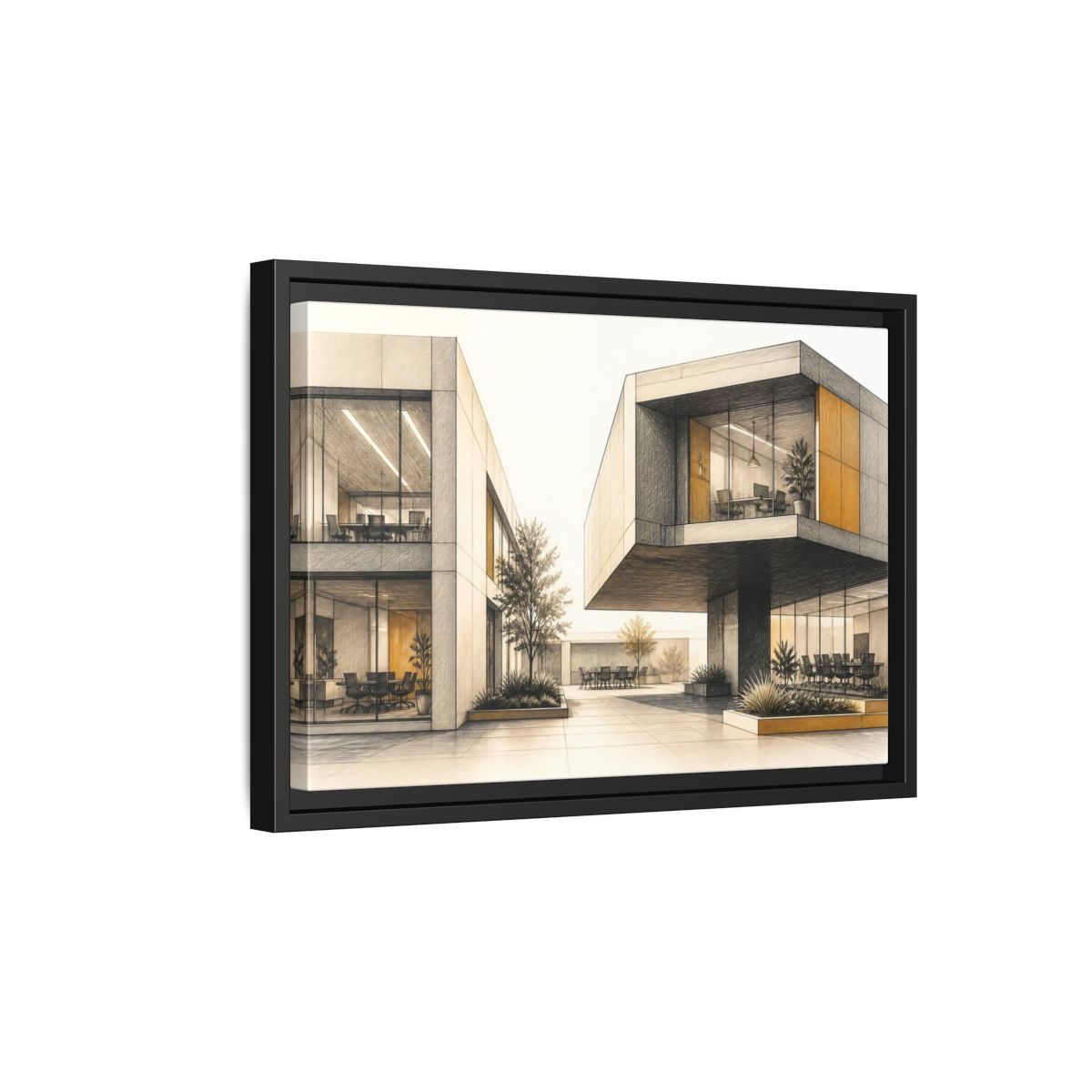 Side Mockup 6. Modern Office Cantilever Atrium shown as framed canvas print