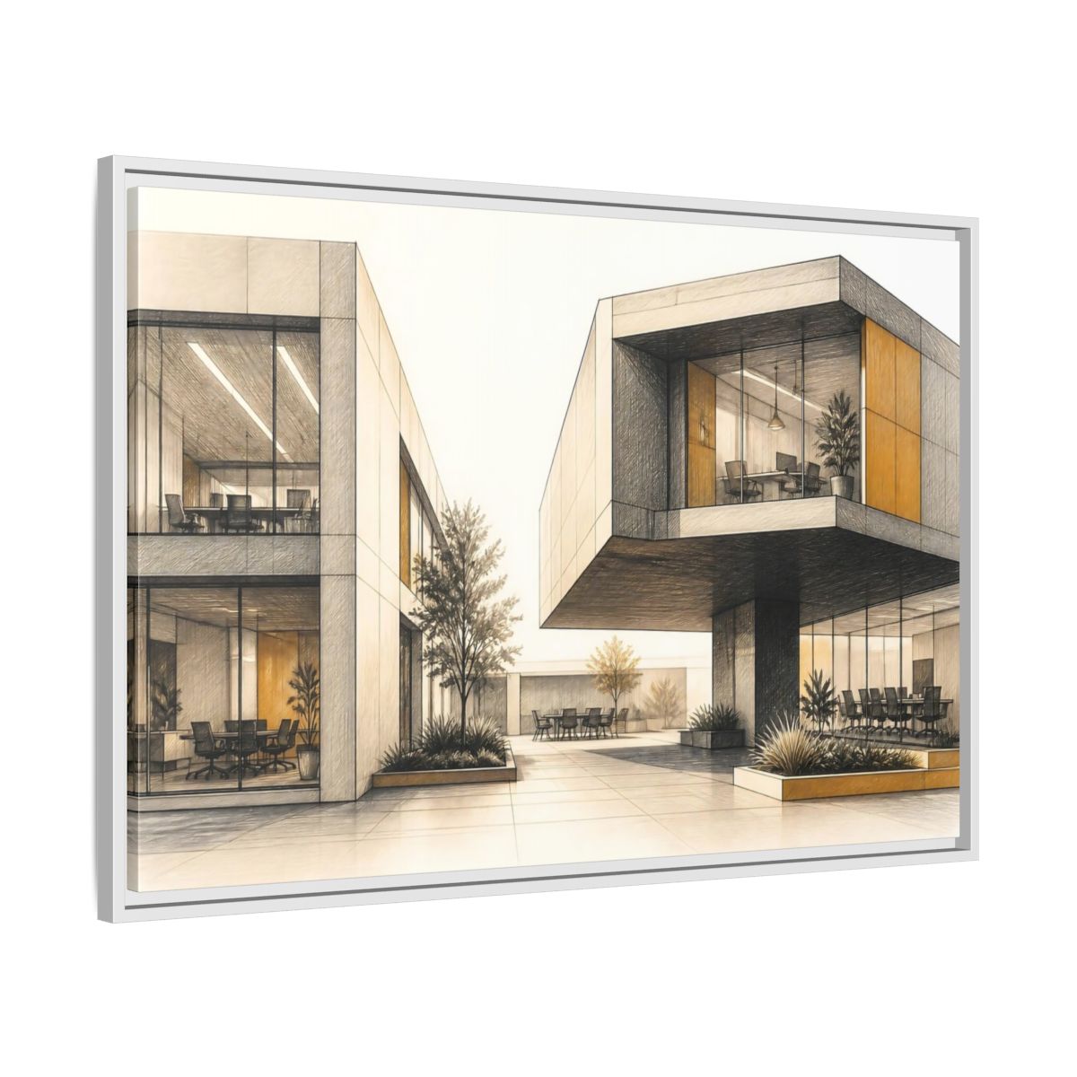 Side Mockup 9. Modern Office Cantilever Atrium shown as framed canvas print