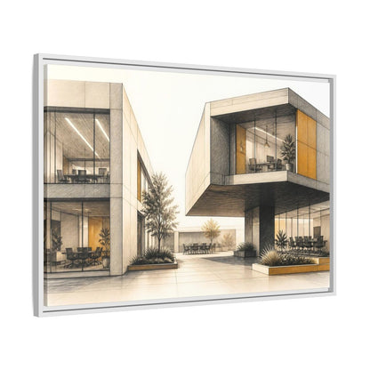 Side Mockup 9. Modern Office Cantilever Atrium shown as framed canvas print