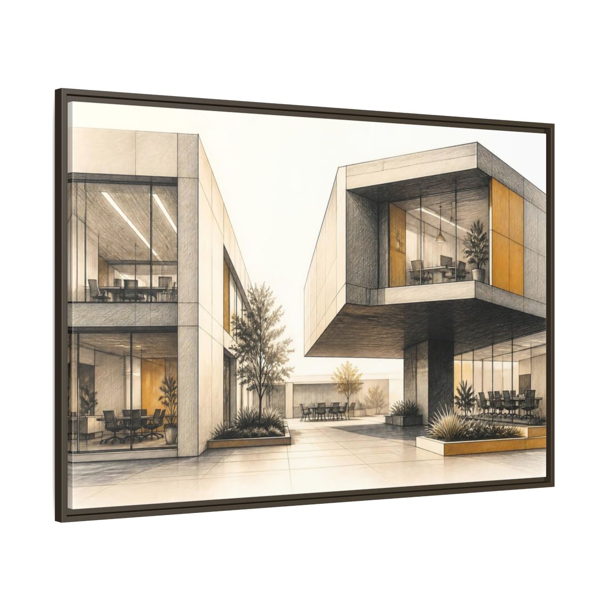 Side Mockup 8. Modern Office Cantilever Atrium shown as framed canvas print