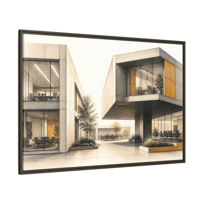 Side Mockup 8. Modern Office Cantilever Atrium shown as framed canvas print