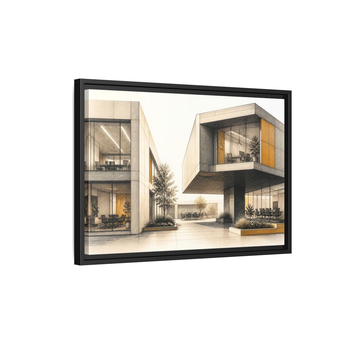 Side Mockup 3. Modern Office Cantilever Atrium shown as framed canvas print